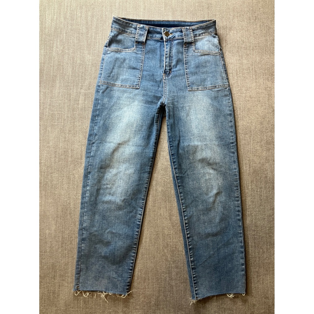 Hungson Women Medium‎ Wash High Rise Straight Leg Patch Pocket Raw Hem Jeans 10